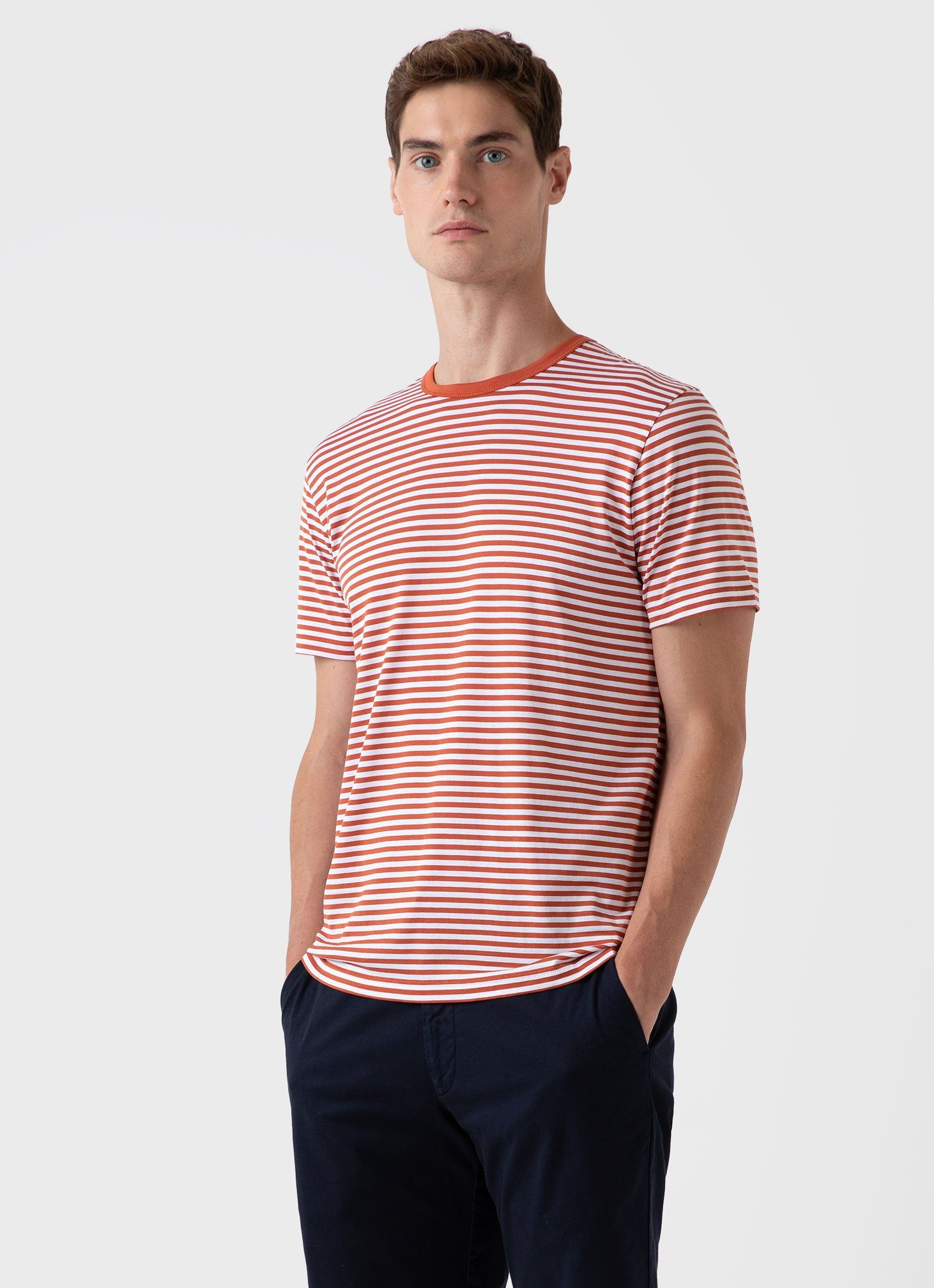 Men's Classic T-shirt in White/Burnt Sienna English Stripe sold by Sunspel product image thumbnail 2