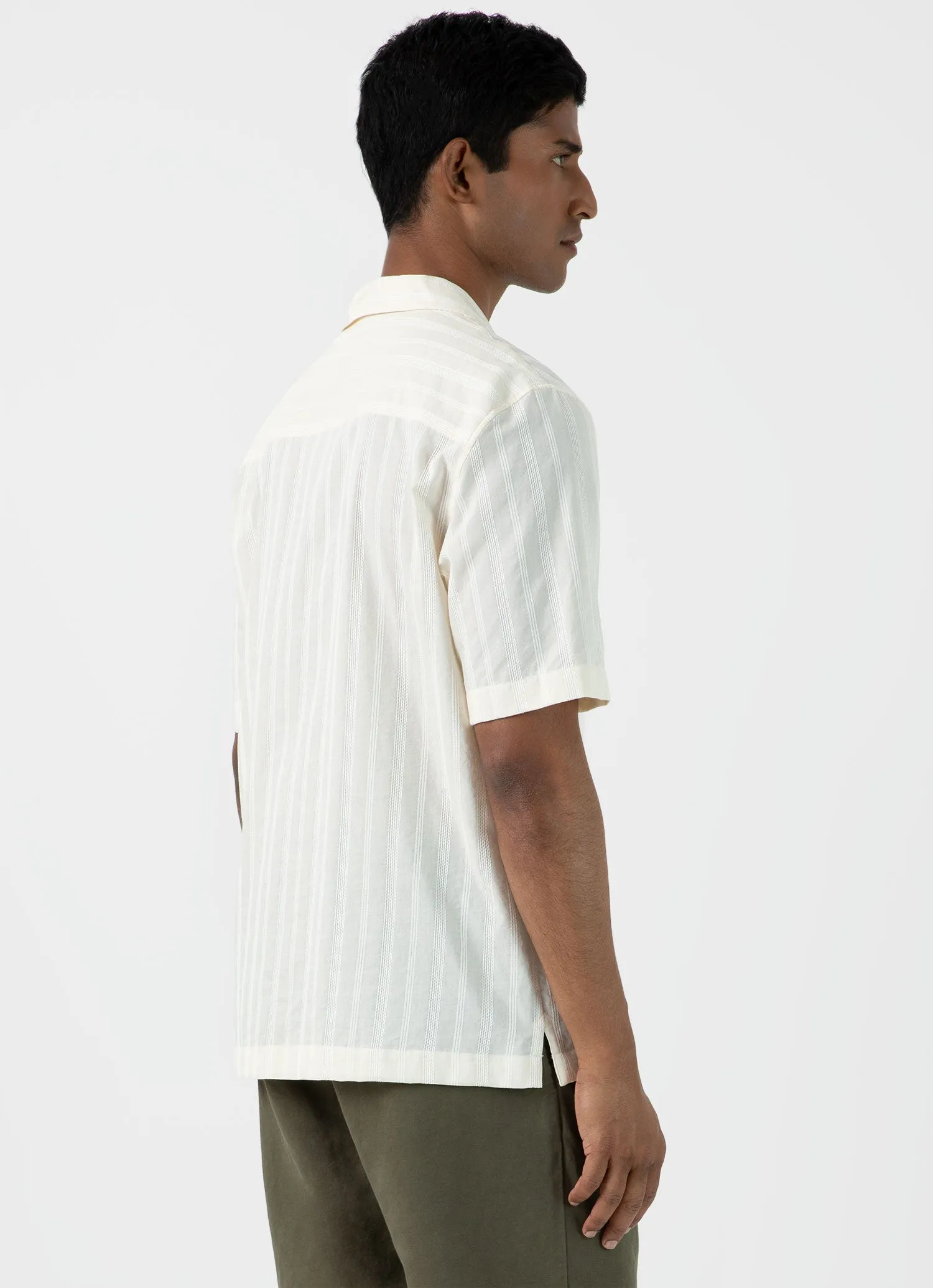 Men's Embroidered Stripe Camp Collar Shirt in Ecru sold by Sunspel product image thumbnail 5