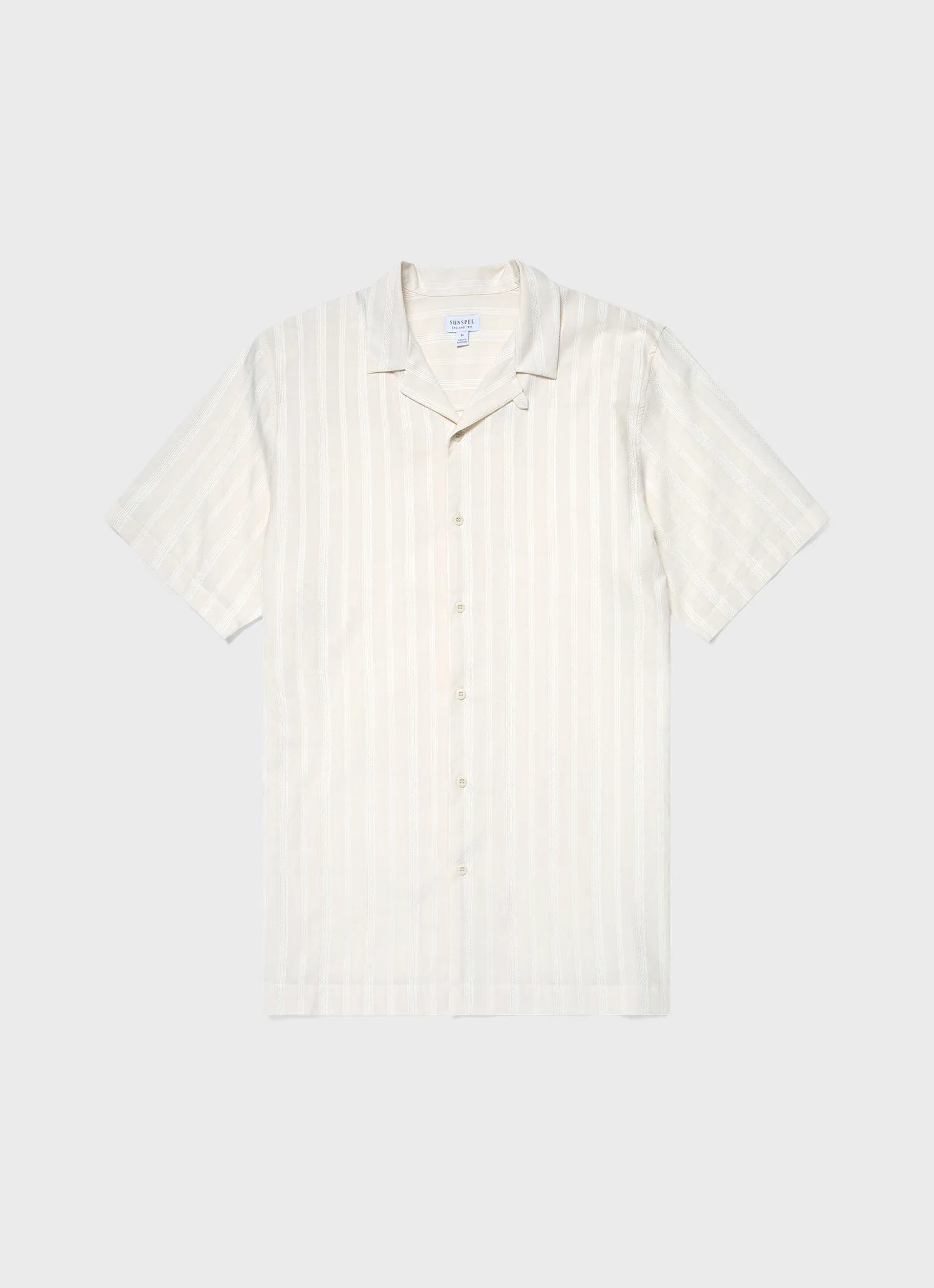 Men's Embroidered Stripe Camp Collar Shirt in Ecru sold by Sunspel