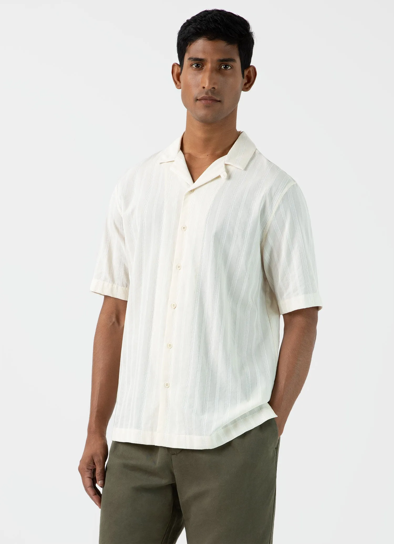 Men's Embroidered Stripe Camp Collar Shirt in Ecru sold by Sunspel product image thumbnail 2