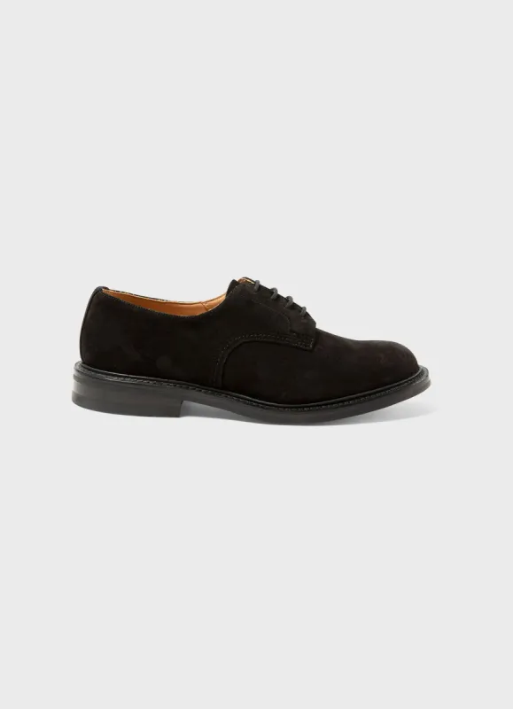 Men's Sunspel and Trickers Suede Derby Shoe in Black sold by Sunspel