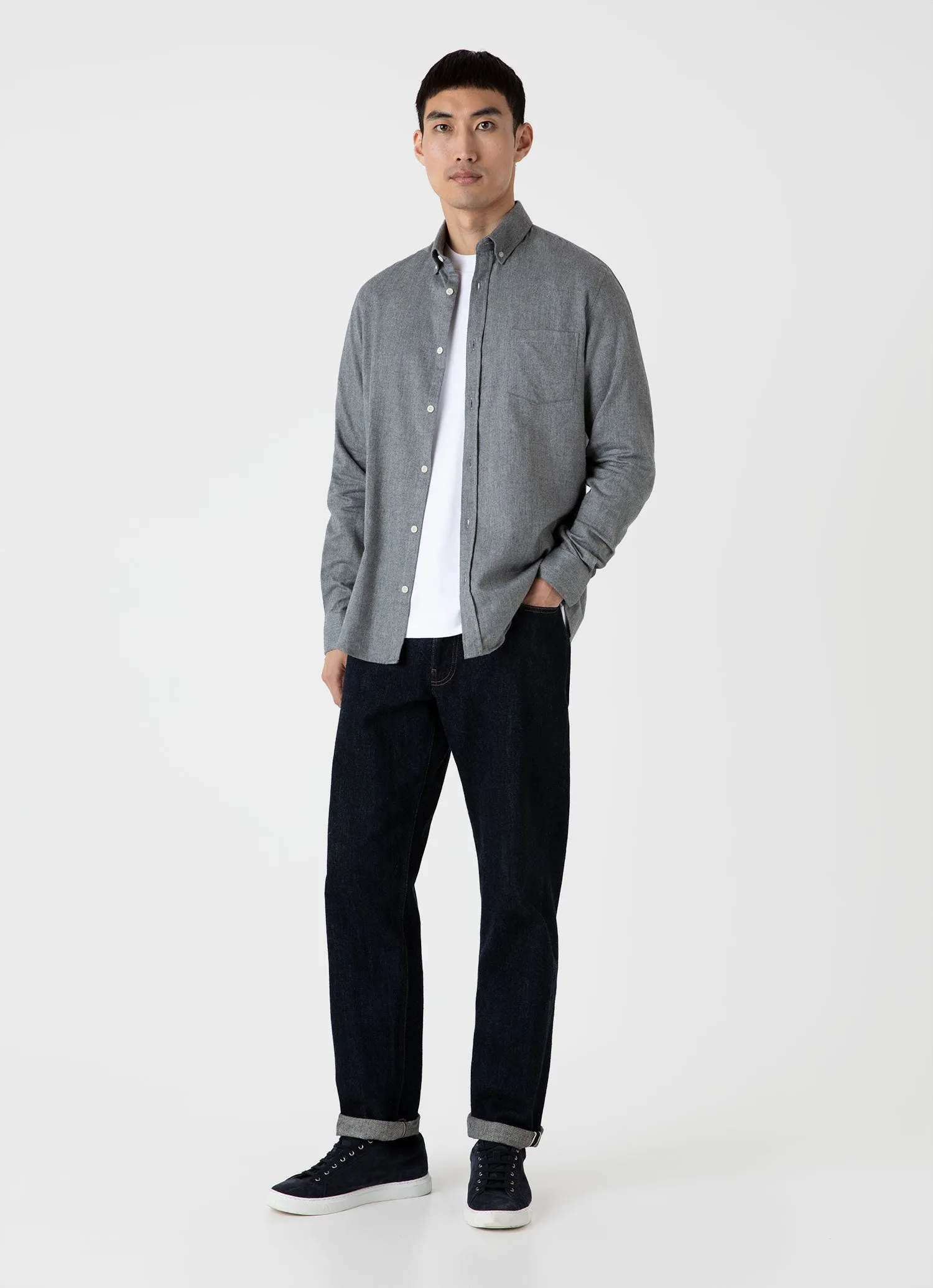 Men's Button Down Flannel Shirt in Mid Grey Melange sold by Sunspel product image thumbnail 3