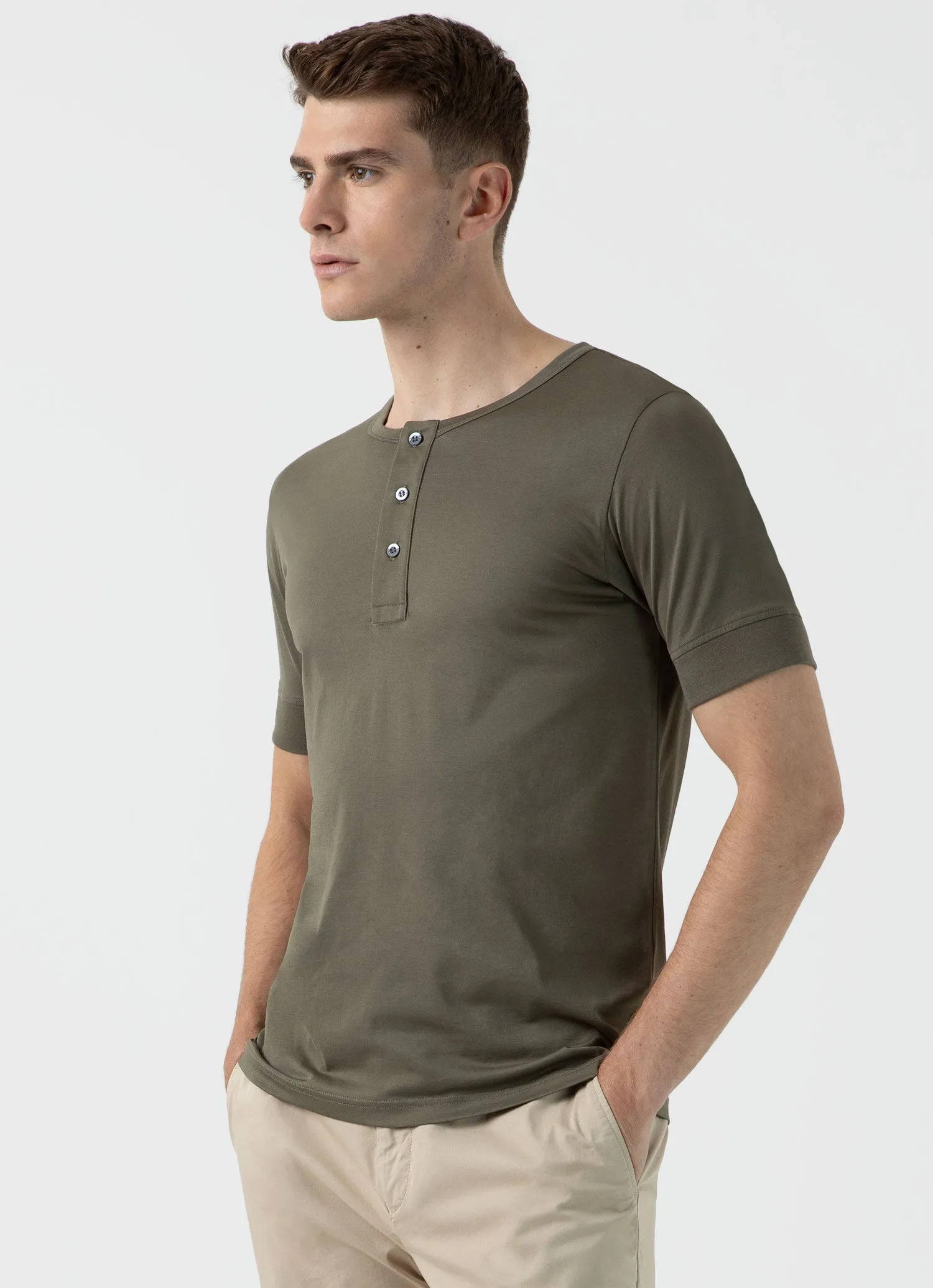 Men's Henley T-shirt in Khaki sold by Sunspel product image thumbnail 2
