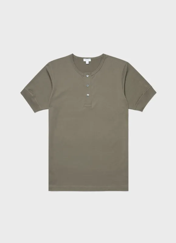 Men's Henley T-shirt in Khaki made by Sunspel