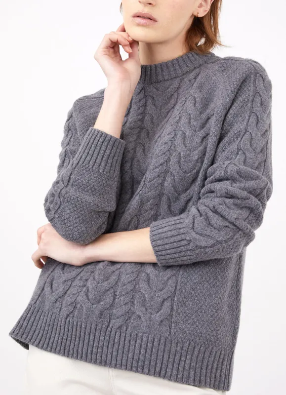 Women's Cable Crew Neck Jumper in Mid Grey Melange sold by Sunspel