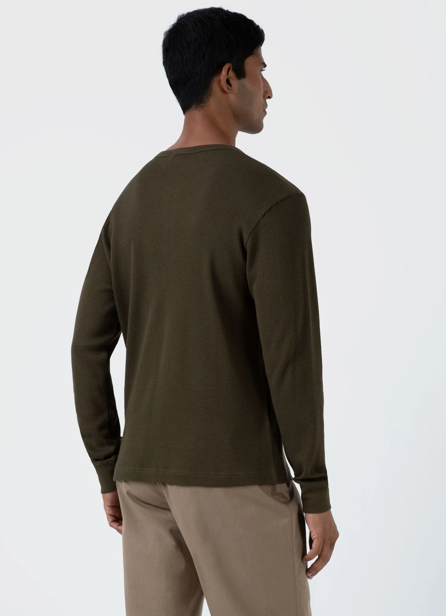 Men's Long Sleeve Waffle Henley in Dark Olive sold by Sunspel product image thumbnail 5