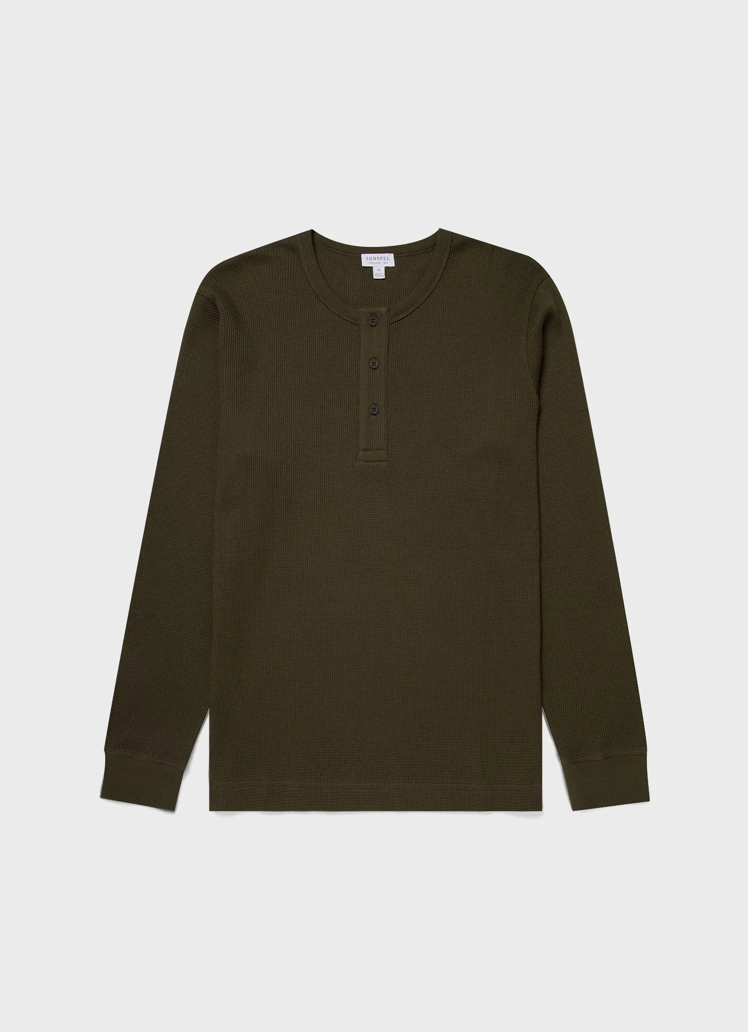 Men's Long Sleeve Waffle Henley in Dark Olive sold by Sunspel