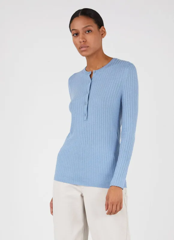 Women's Merino Silk Henley in Blue Mist made by Sunspel
