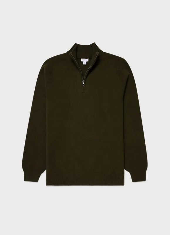 Men's Lambswool Half Zip Jumper in Dark Olive sold by Sunspel