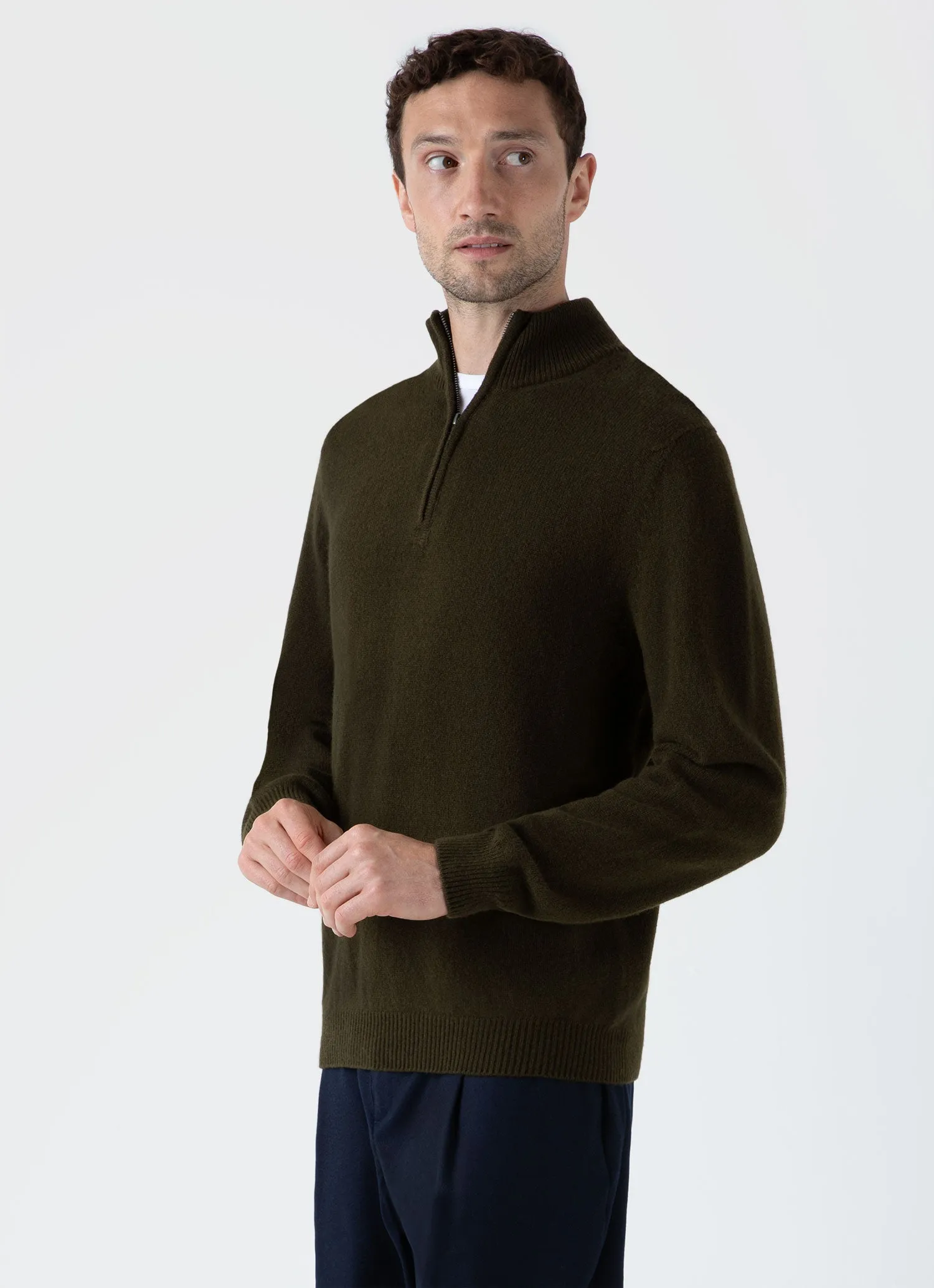 Men's Lambswool Half Zip Jumper in Dark Olive sold by Sunspel product image thumbnail 2