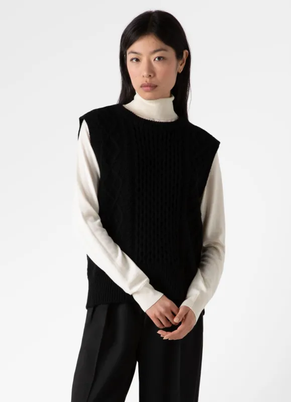 Women's Lambswool Cable Knit Vest in Black sold by Sunspel