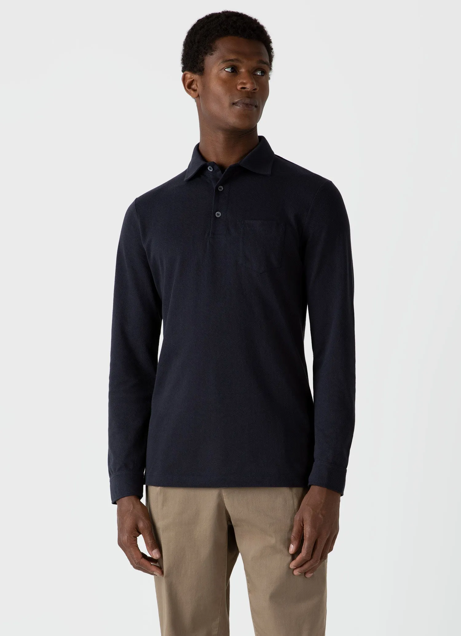 Men's WM Brown Long Sleeve Polo Shirt in Navy sold by Sunspel product image thumbnail 2
