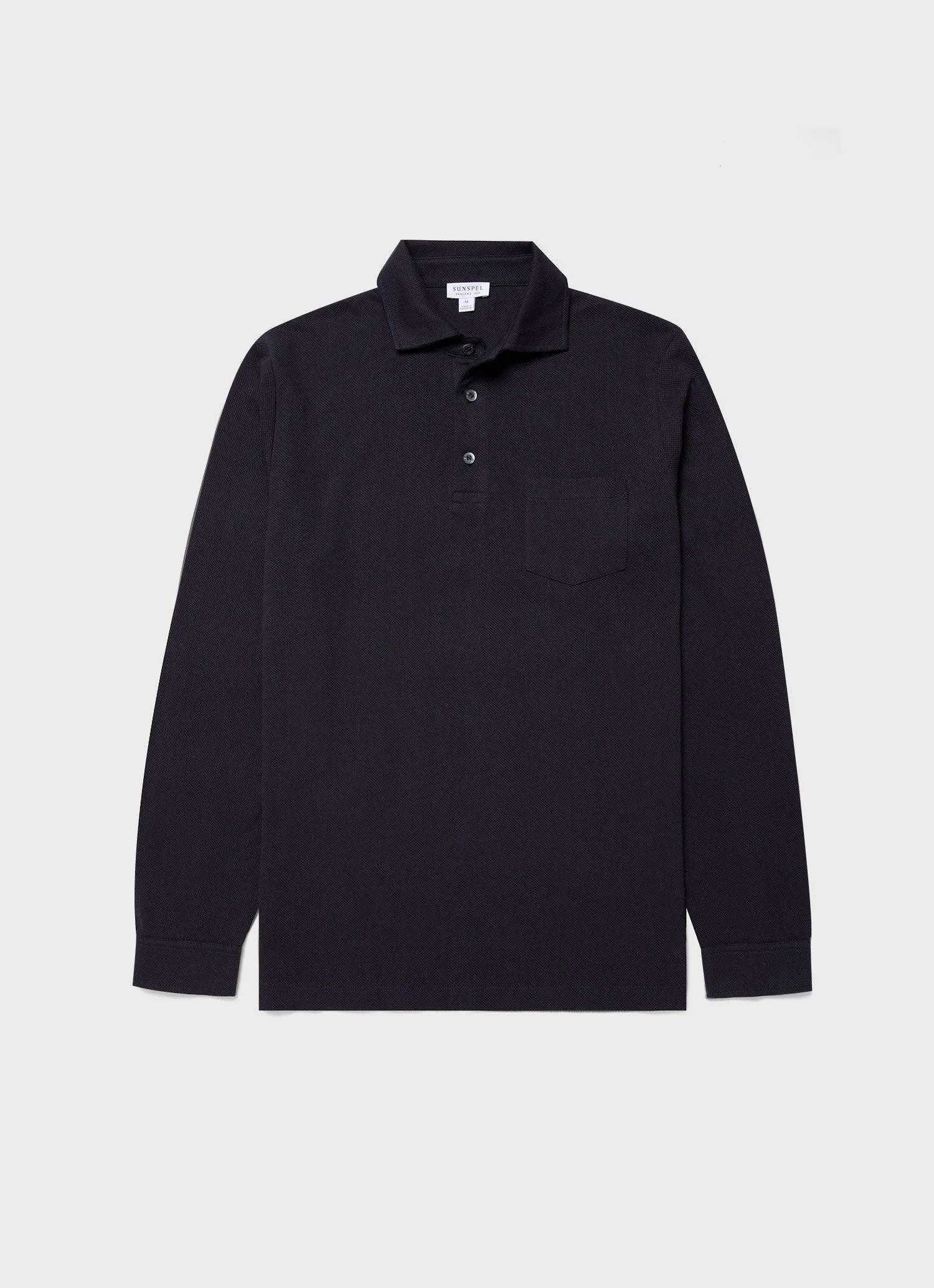 Men's WM Brown Long Sleeve Polo Shirt in Navy sold by Sunspel