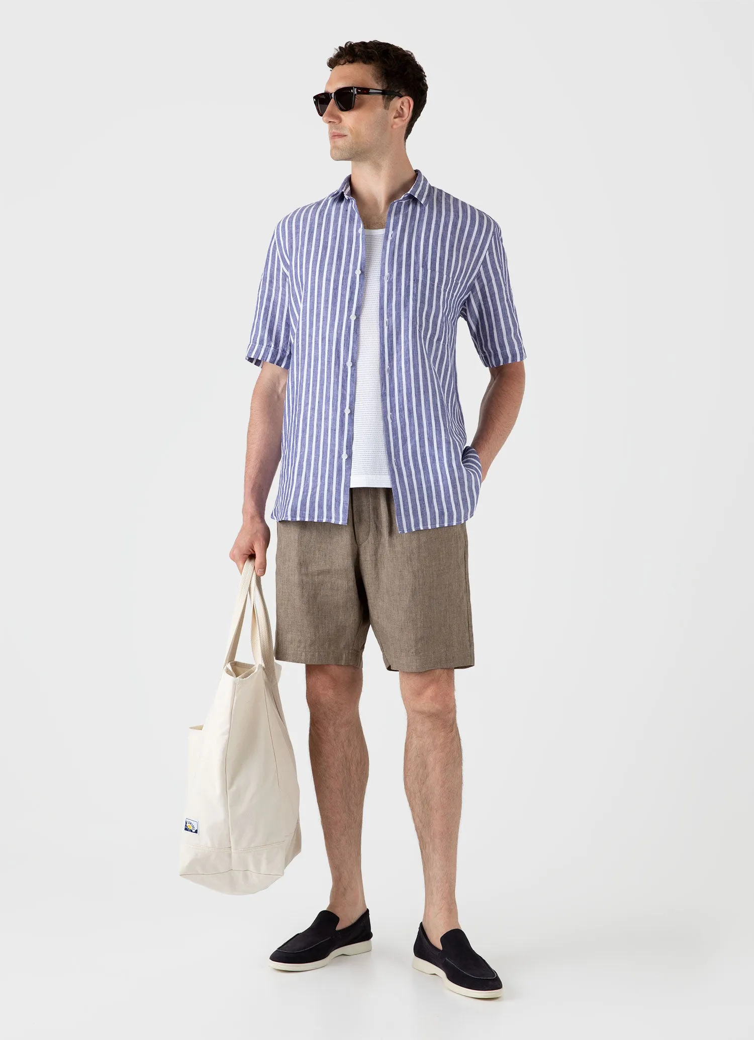 Men's Short Sleeve Linen Shirt in Navy/White sold by Sunspel product image thumbnail 3