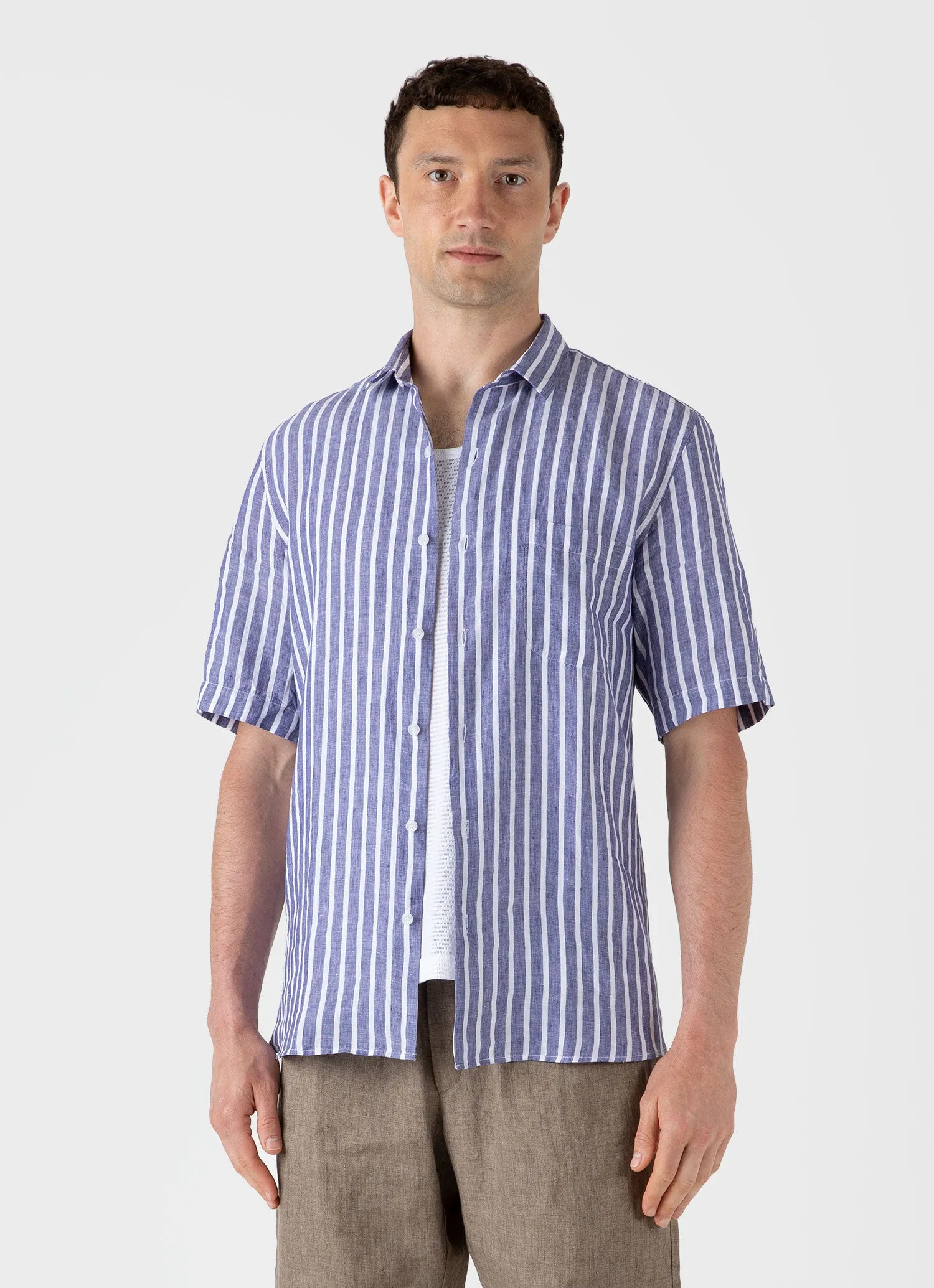 Men's Short Sleeve Linen Shirt in Navy/White sold by Sunspel product image thumbnail 2