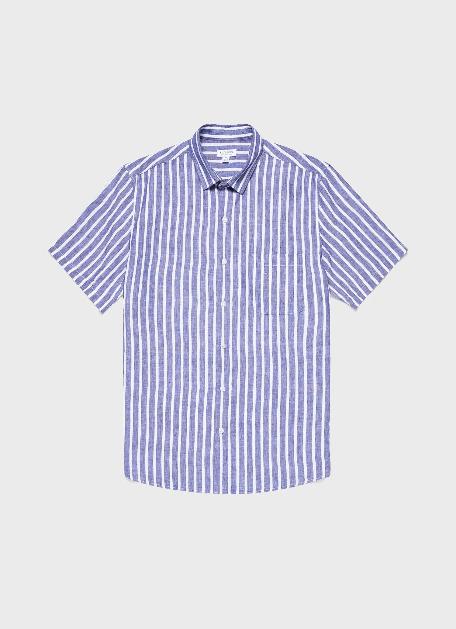 Men's Short Sleeve Linen Shirt in Navy/White sold by Sunspel