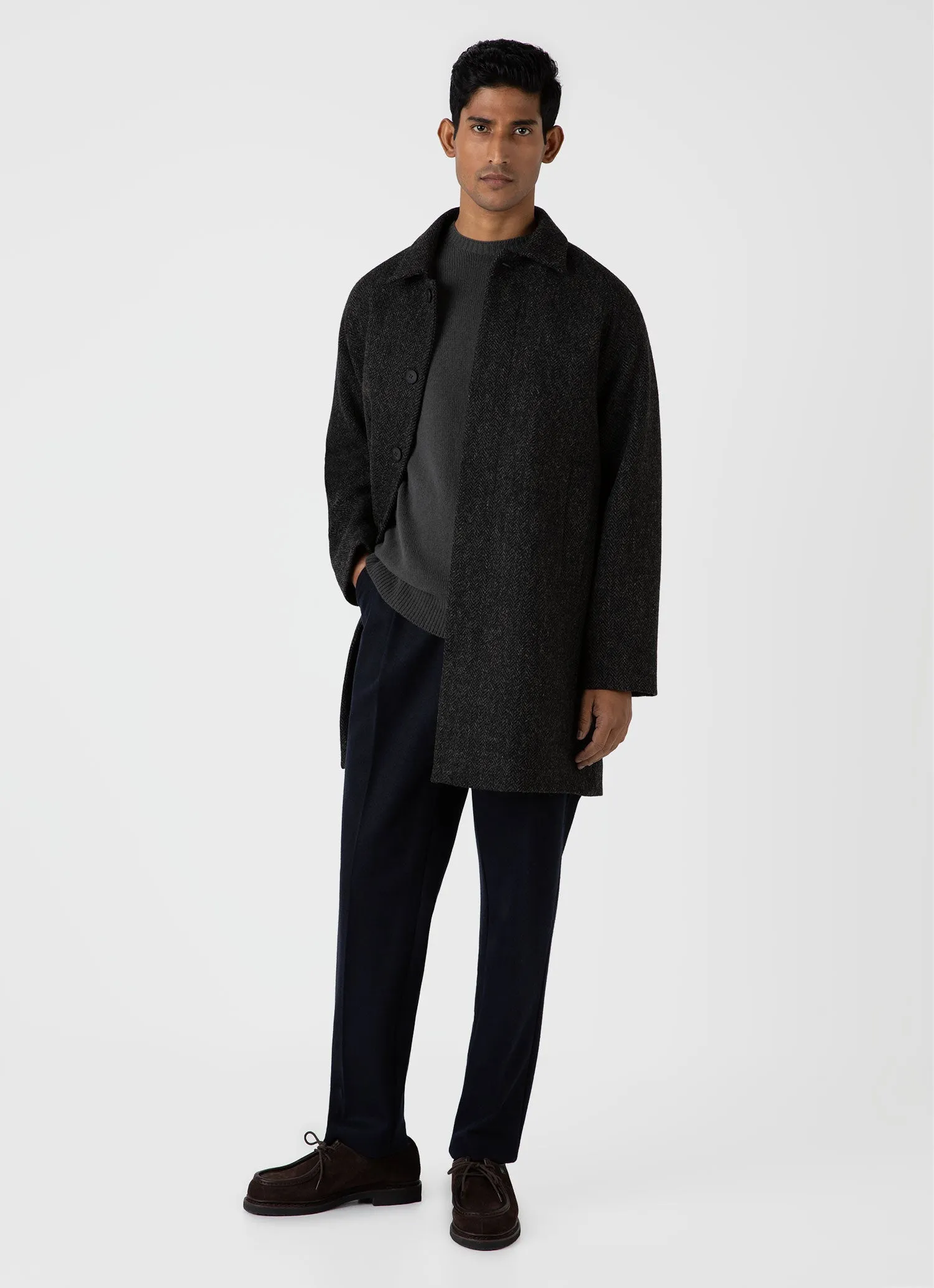 Men's Harris Tweed Car Coat in Charcoal Melange Herringbone sold by Sunspel product image thumbnail 3