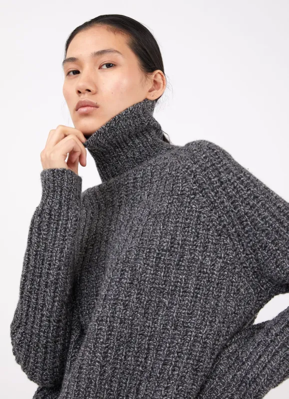 Women's Chunky Roll Neck Jumper in Black/Grey Twist sold by Sunspel