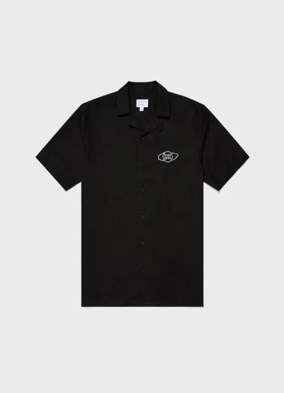 Men's David Shrigley Camp Collar Shirt in Black made by Sunspel