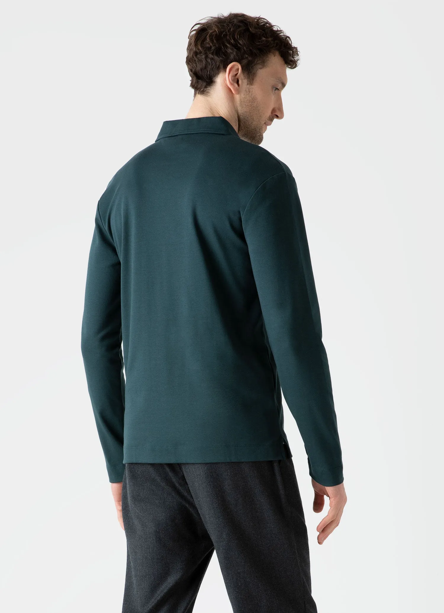 Men's Brushed Cotton Long Sleeve Polo Shirt in Peacock sold by Sunspel product image thumbnail 4