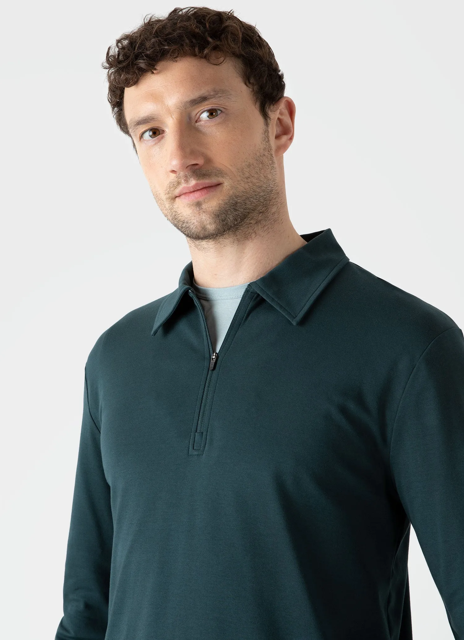 Men's Brushed Cotton Long Sleeve Polo Shirt in Peacock sold by Sunspel product image thumbnail 5