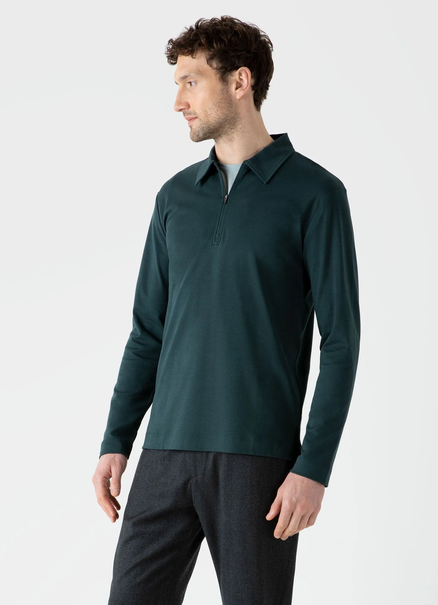 Men's Brushed Cotton Long Sleeve Polo Shirt in Peacock sold by Sunspel product image thumbnail 2