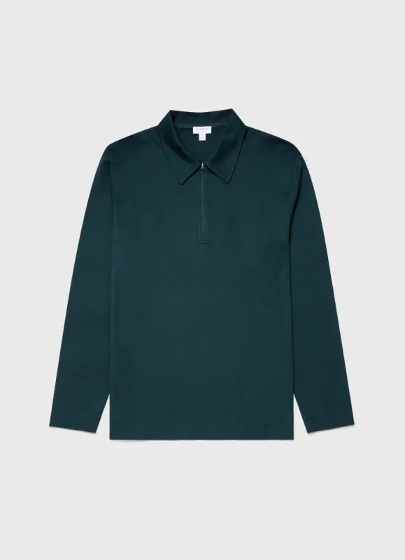 Men's Brushed Cotton Long Sleeve Polo Shirt in Peacock sold by Sunspel