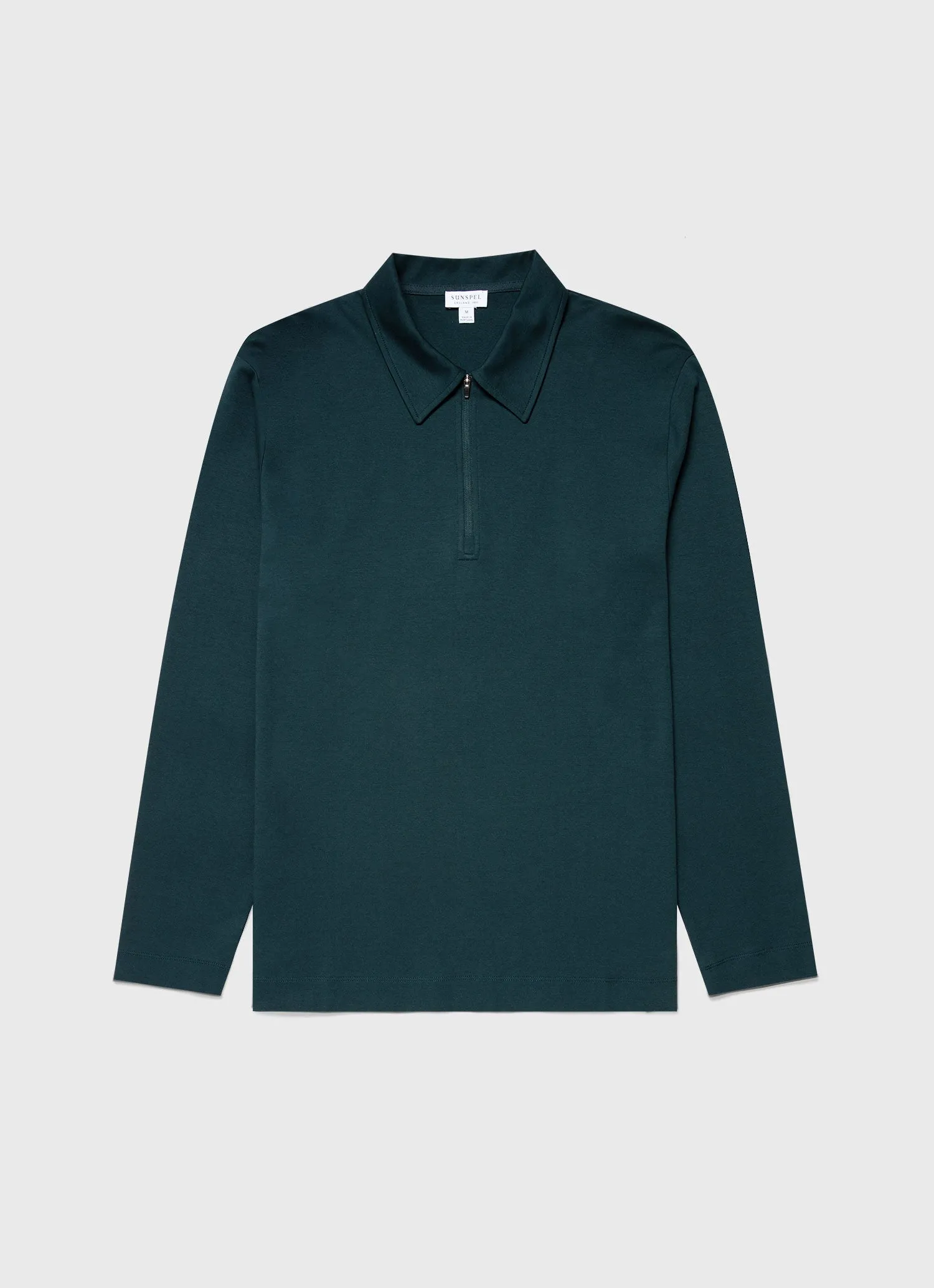 Men's Brushed Cotton Long Sleeve Polo Shirt in Peacock sold by Sunspel