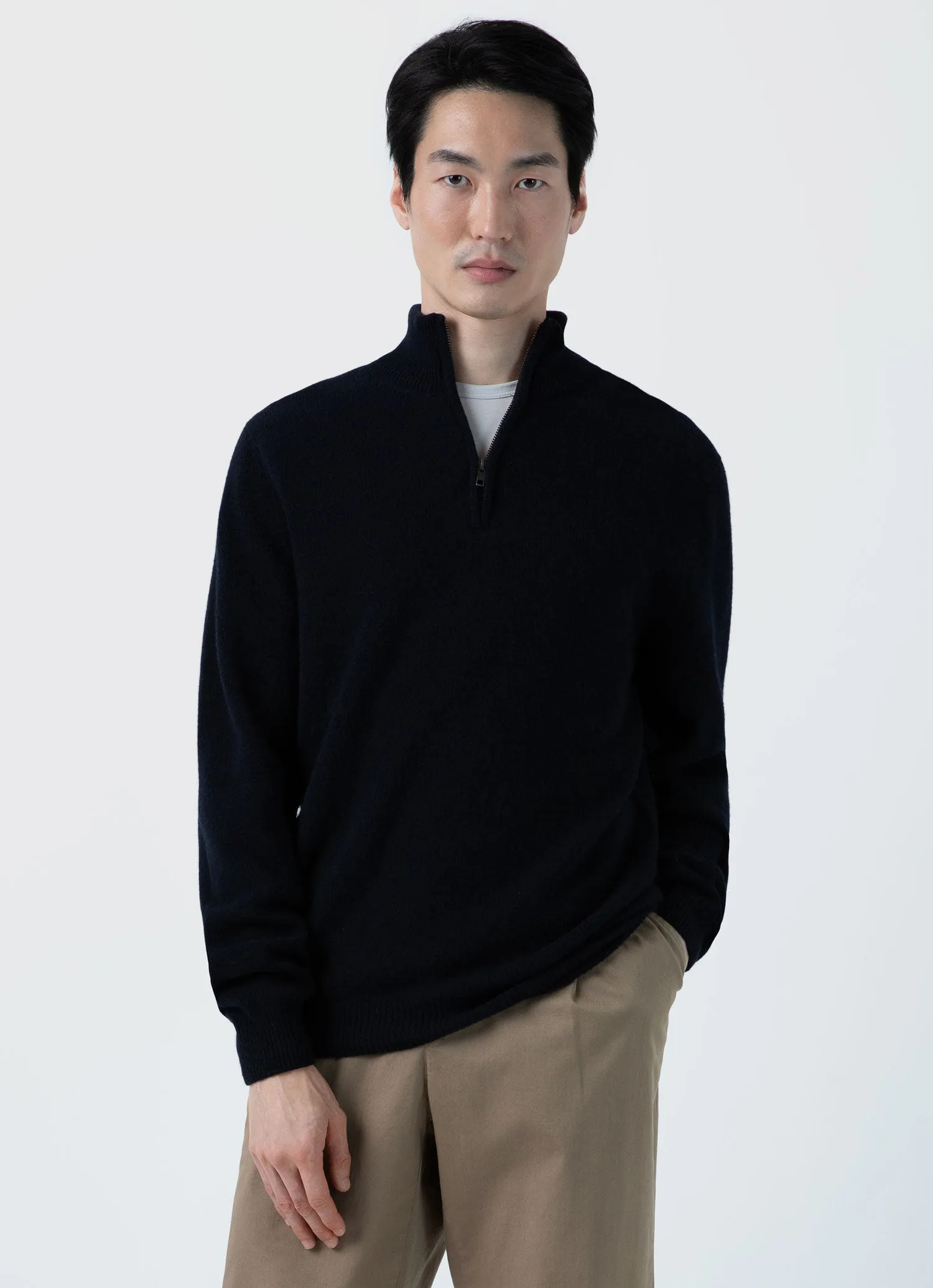 Men's Lambswool Half Zip Jumper in Dark Navy Mouline sold by Sunspel product image thumbnail 2
