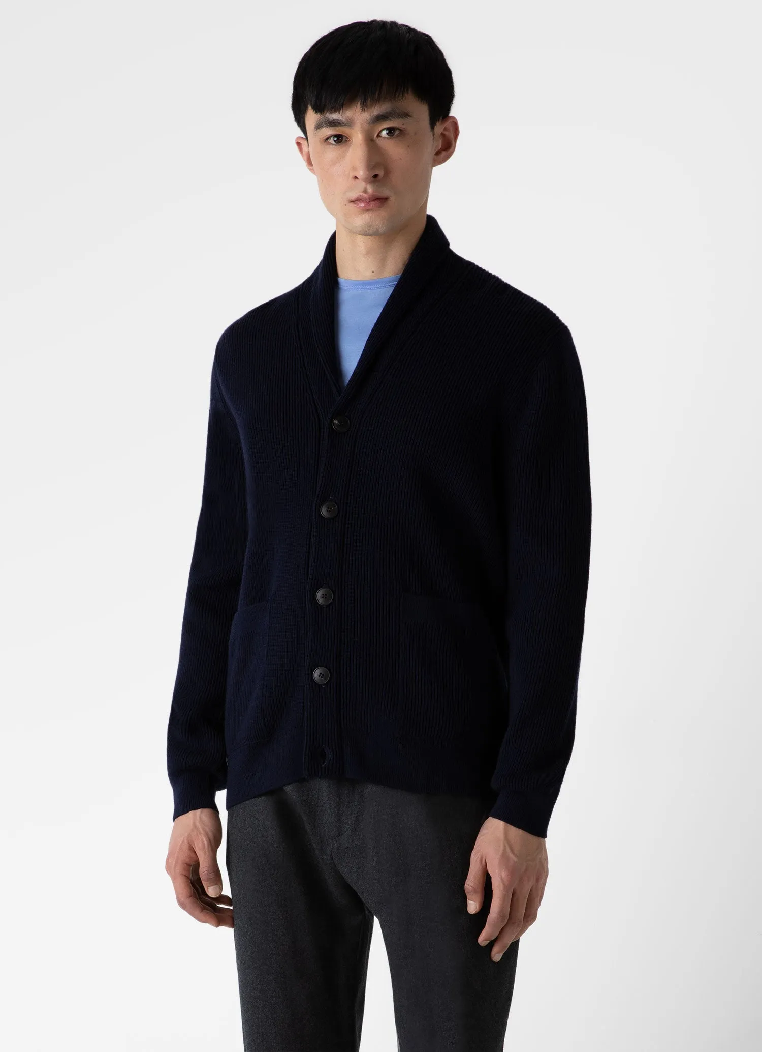 Men's Ribbed Shawl Neck Cardigan in Navy sold by Sunspel product image thumbnail 2