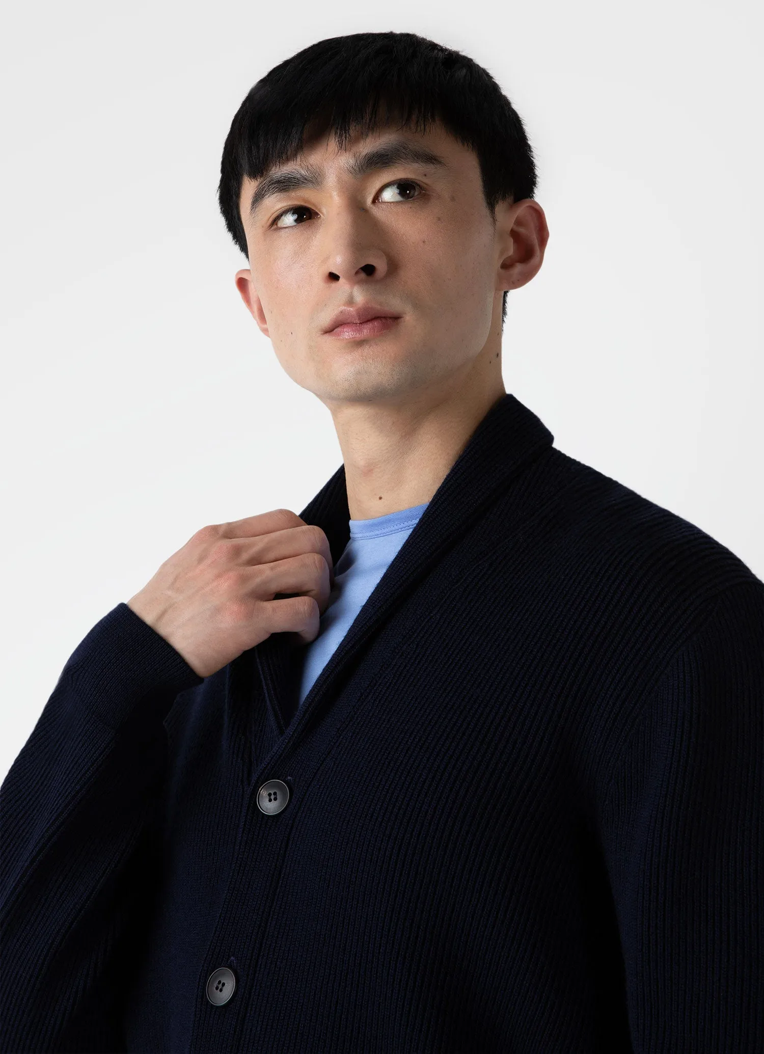 Men's Ribbed Shawl Neck Cardigan in Navy sold by Sunspel product image thumbnail 5