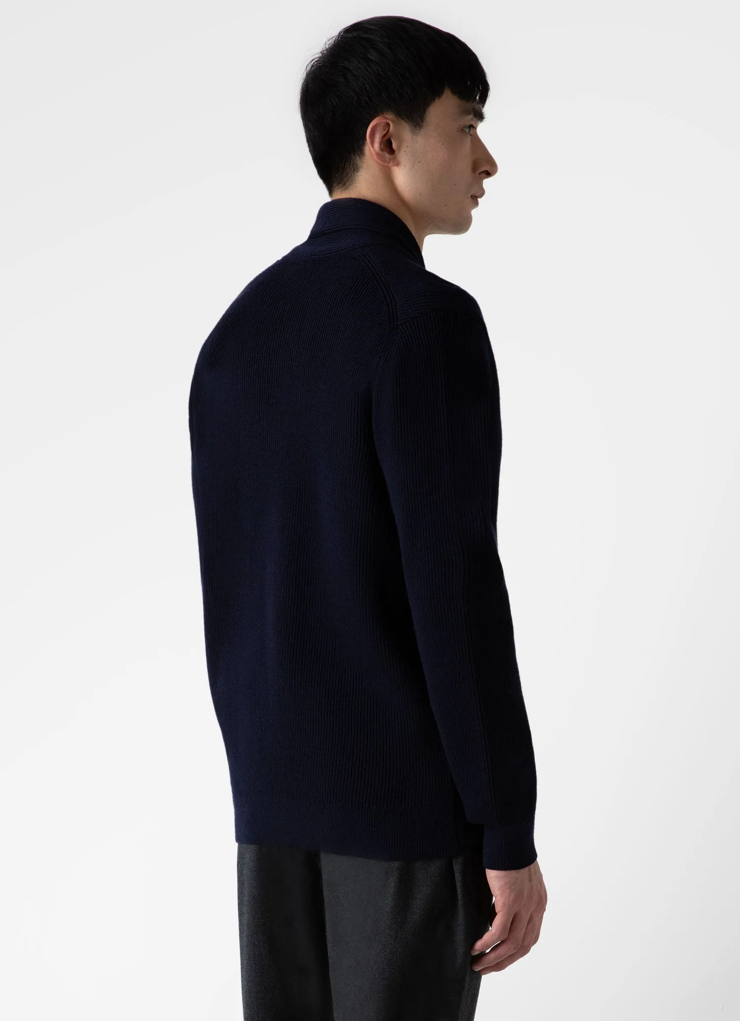 Men's Ribbed Shawl Neck Cardigan in Navy sold by Sunspel product image thumbnail 4