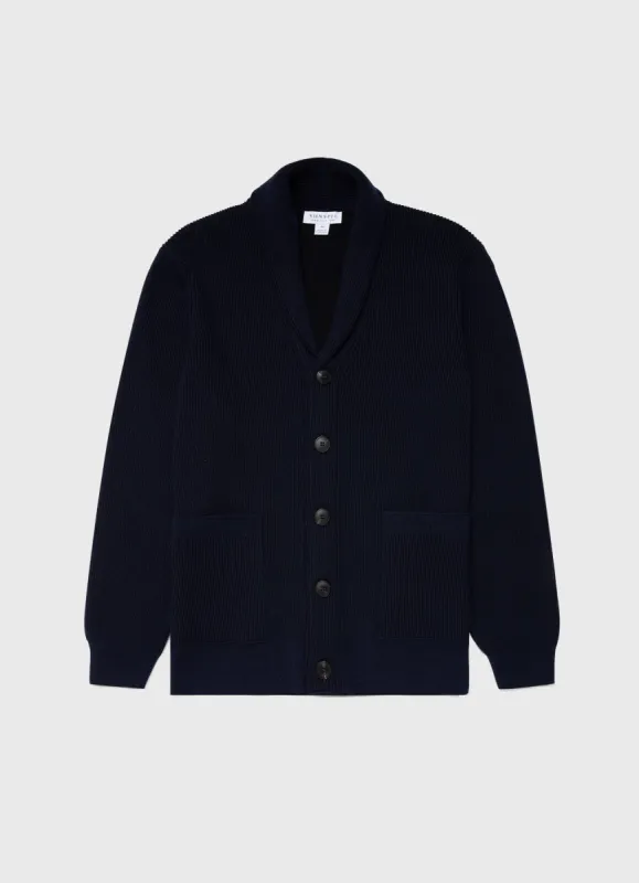 Men's Ribbed Shawl Neck Cardigan in Navy sold by Sunspel