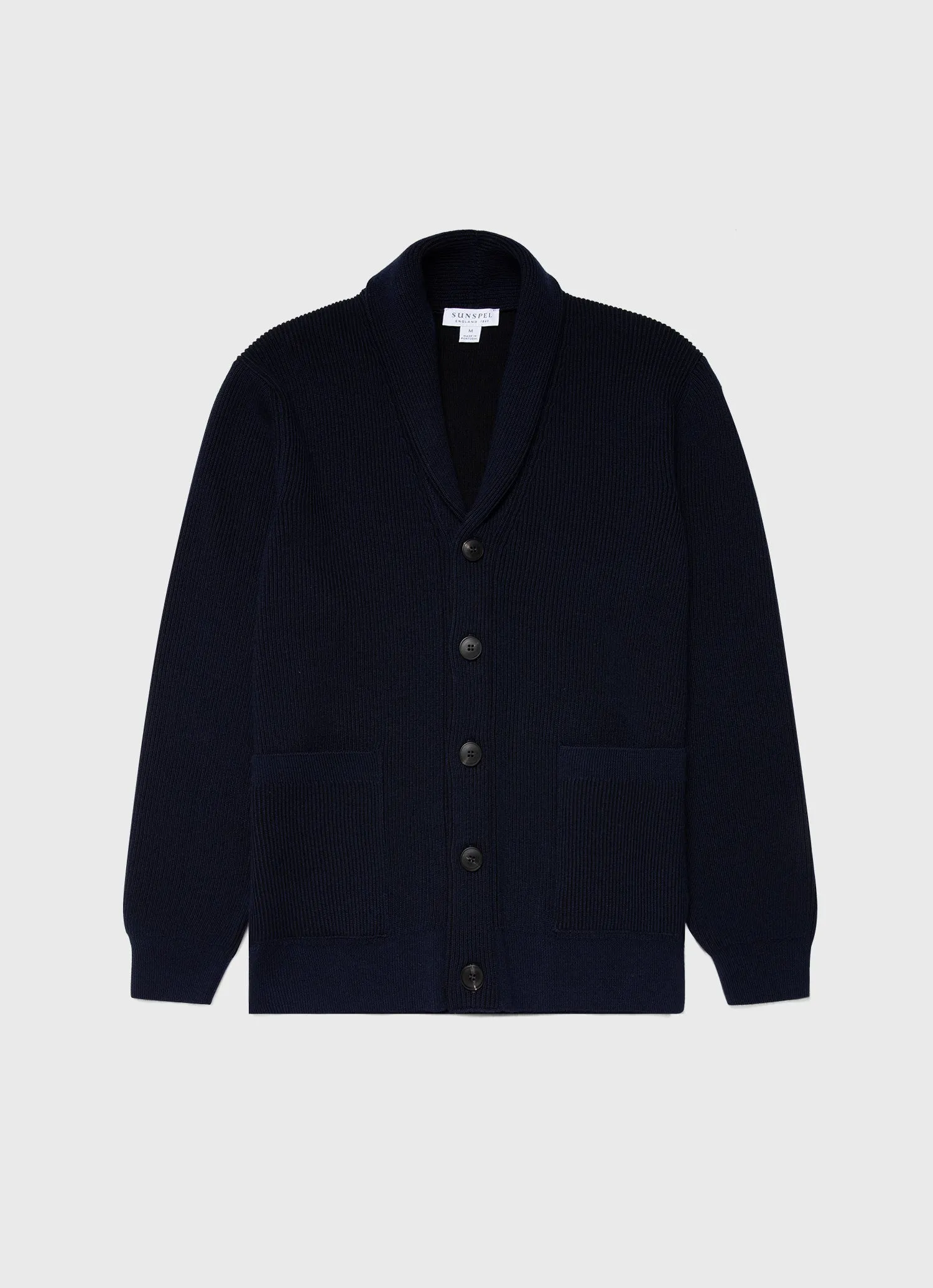 Men's Ribbed Shawl Neck Cardigan in Navy sold by Sunspel