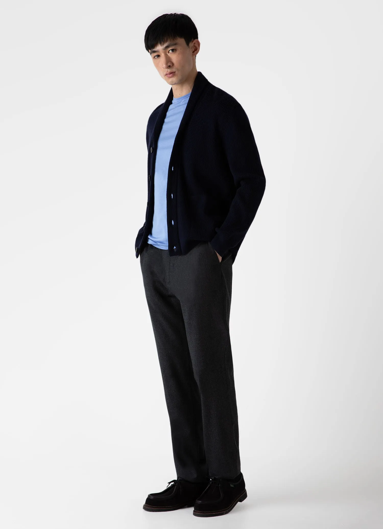 Men's Ribbed Shawl Neck Cardigan in Navy sold by Sunspel product image thumbnail 3
