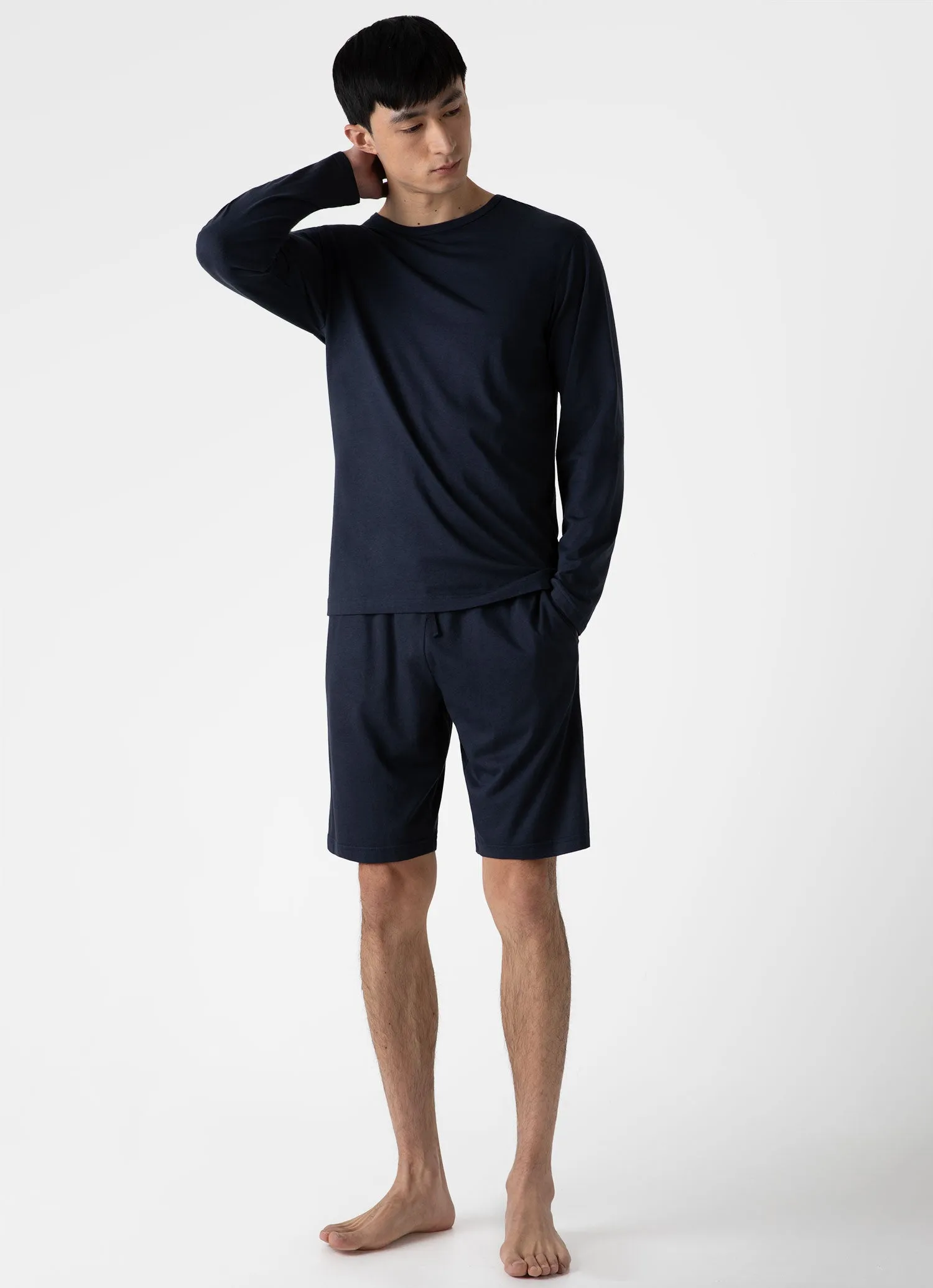 Men's Cotton Modal Lounge Long Sleeve T-shirt in Navy sold by Sunspel product image thumbnail 3