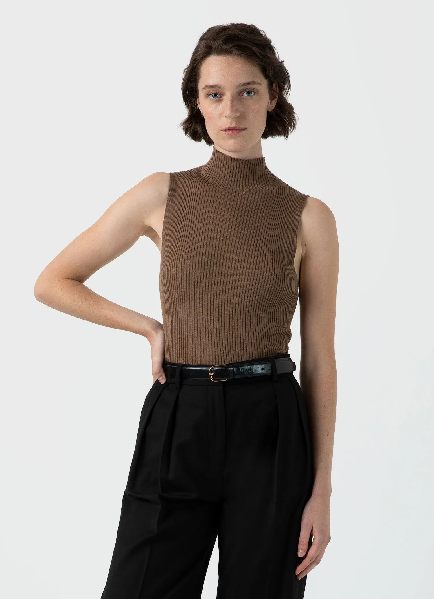 Women's Mulberry Silk Rib Vest Jumper in Dark Sand sold by Sunspel product image thumbnail 2