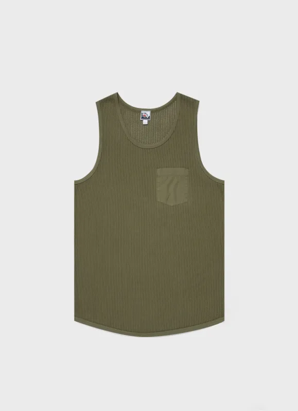 Men's Sunspel x Nigel Cabourn Mesh Vest in Army Green sold by Sunspel