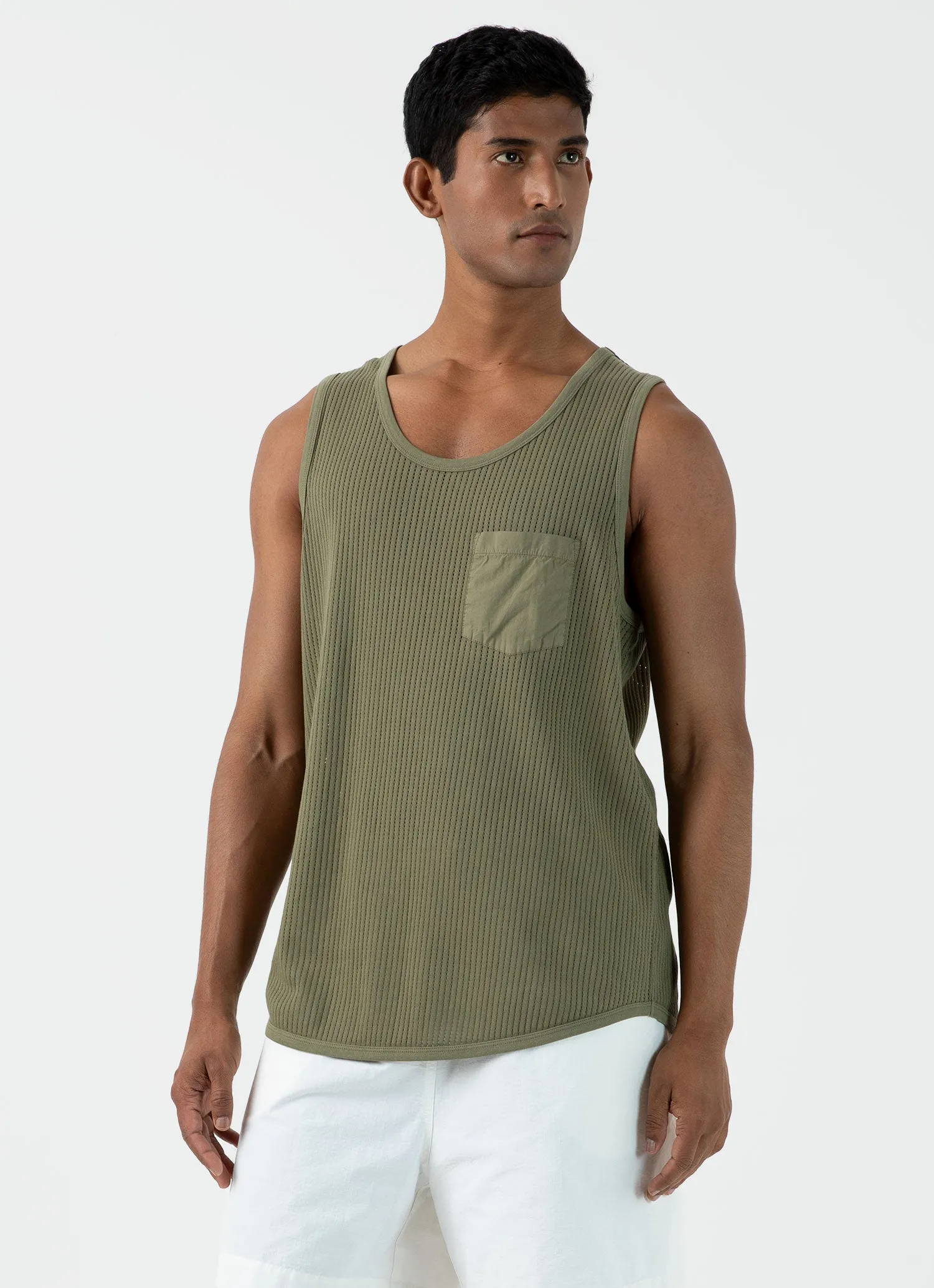 Men's Sunspel x Nigel Cabourn Mesh Vest in Army Green sold by Sunspel product image thumbnail 2