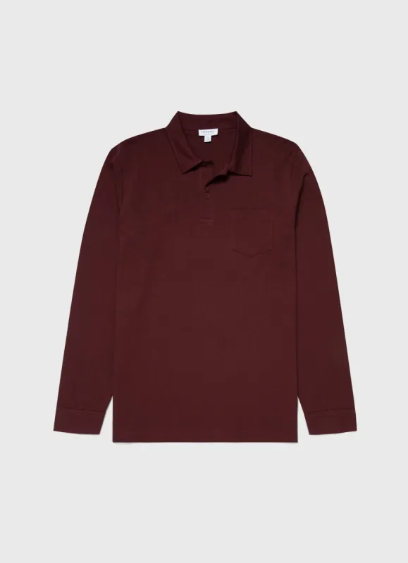 Men's Riviera Long Sleeve Polo Shirt in Maroon sold by Sunspel