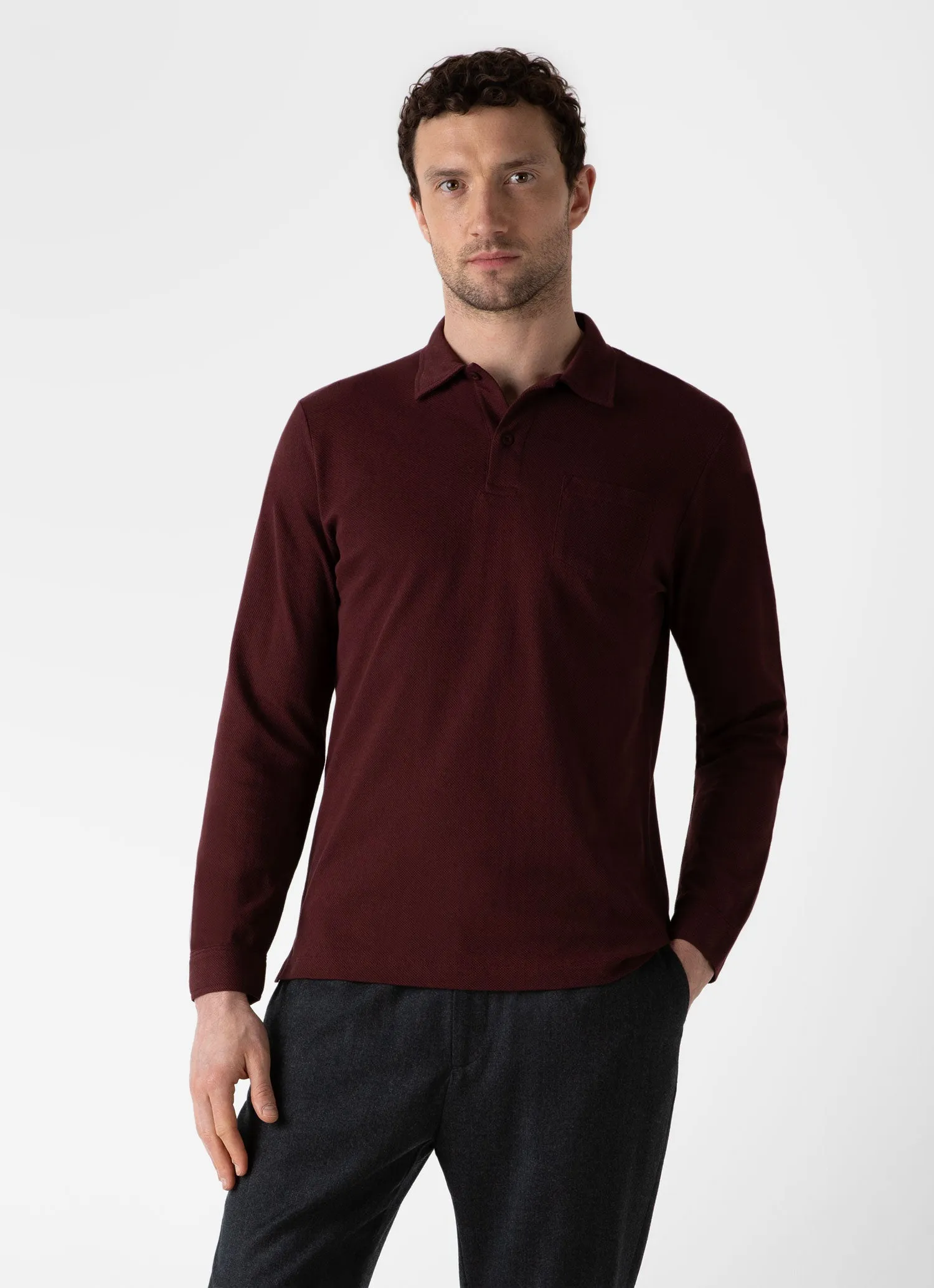 Men's Riviera Long Sleeve Polo Shirt in Maroon sold by Sunspel product image thumbnail 2
