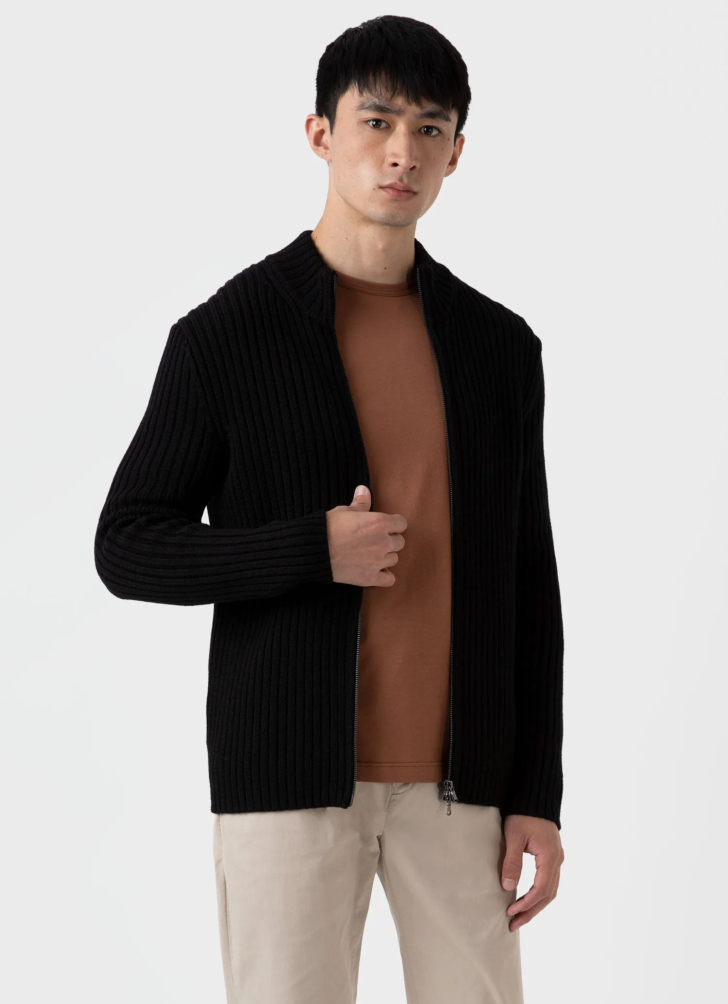 Men's Merino Rib Zip Cardigan in Black sold by Sunspel product image thumbnail 2