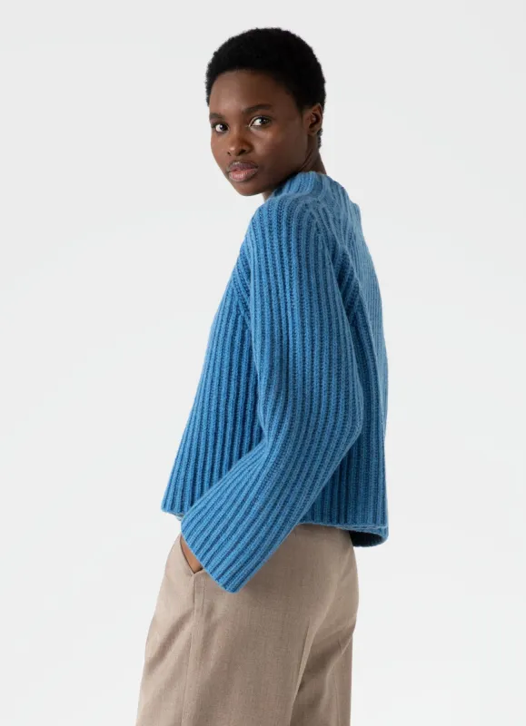 Women's Lambswool Chunky Funnel Neck Jumper in Blue Jean sold by Sunspel