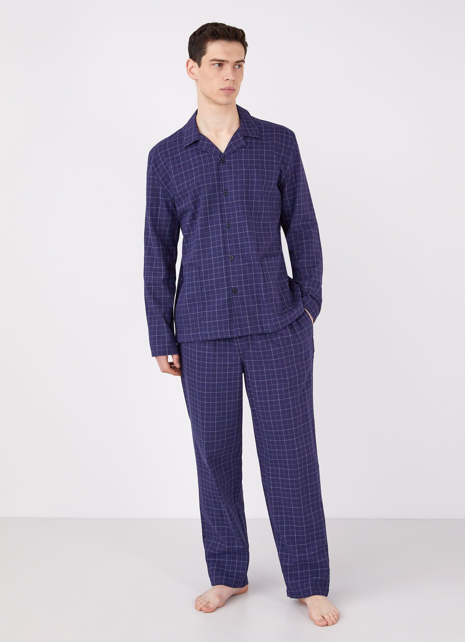 Men's Cotton Flannel Pyjama Trouser in Navy Check sold by Sunspel product image thumbnail 3