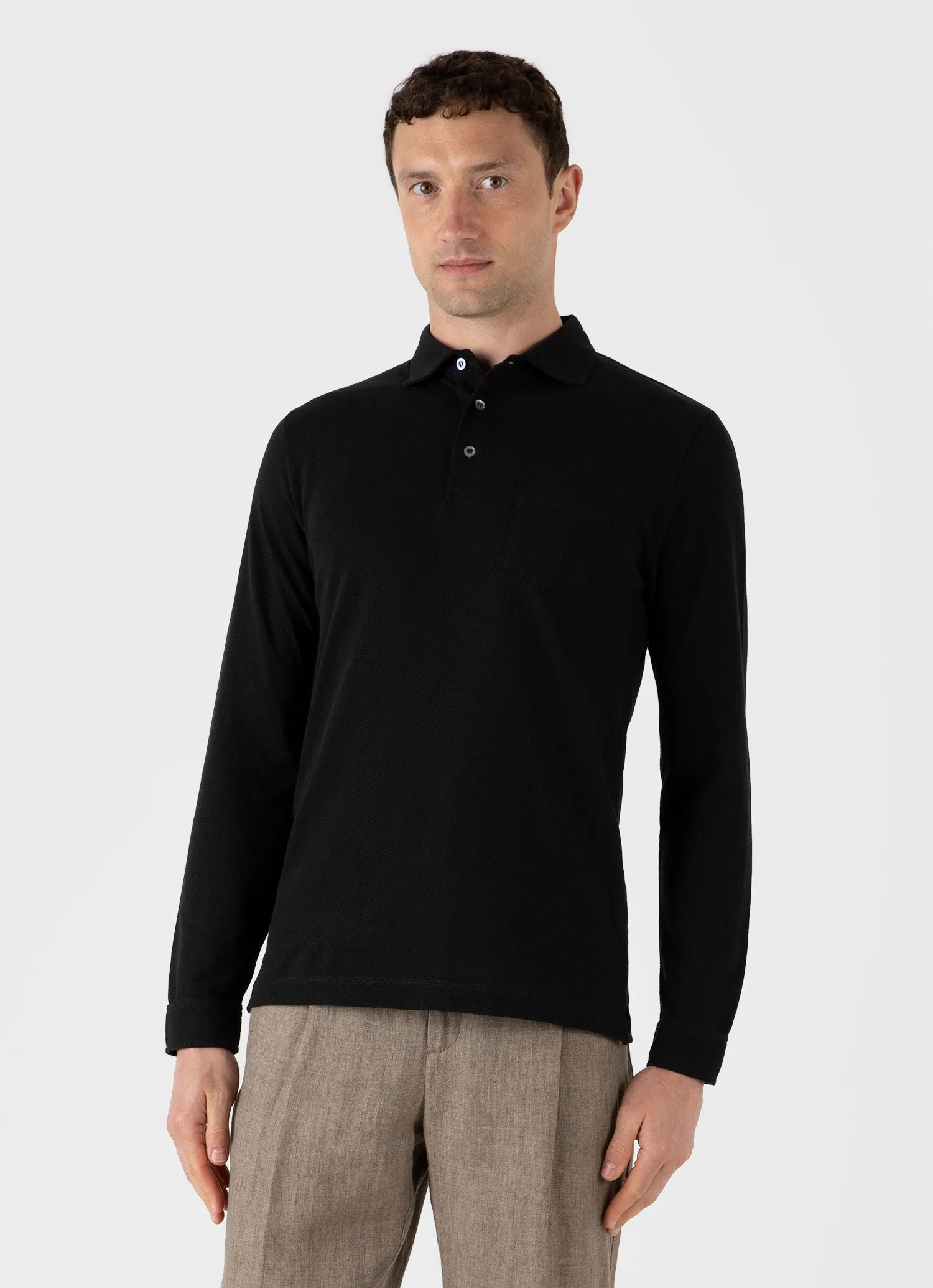 Men's WM Brown Long Sleeve Polo Shirt in Black sold by Sunspel product image thumbnail 2