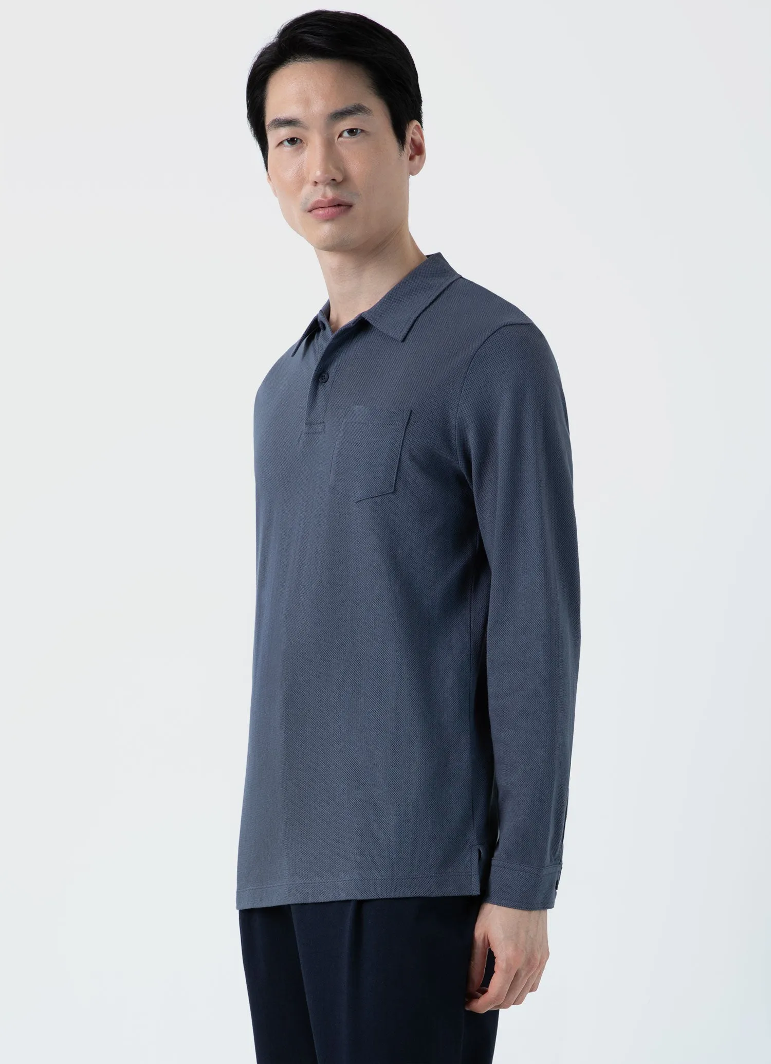 Men's Long Sleeve Riviera Polo Shirt in Slate Blue sold by Sunspel product image thumbnail 2
