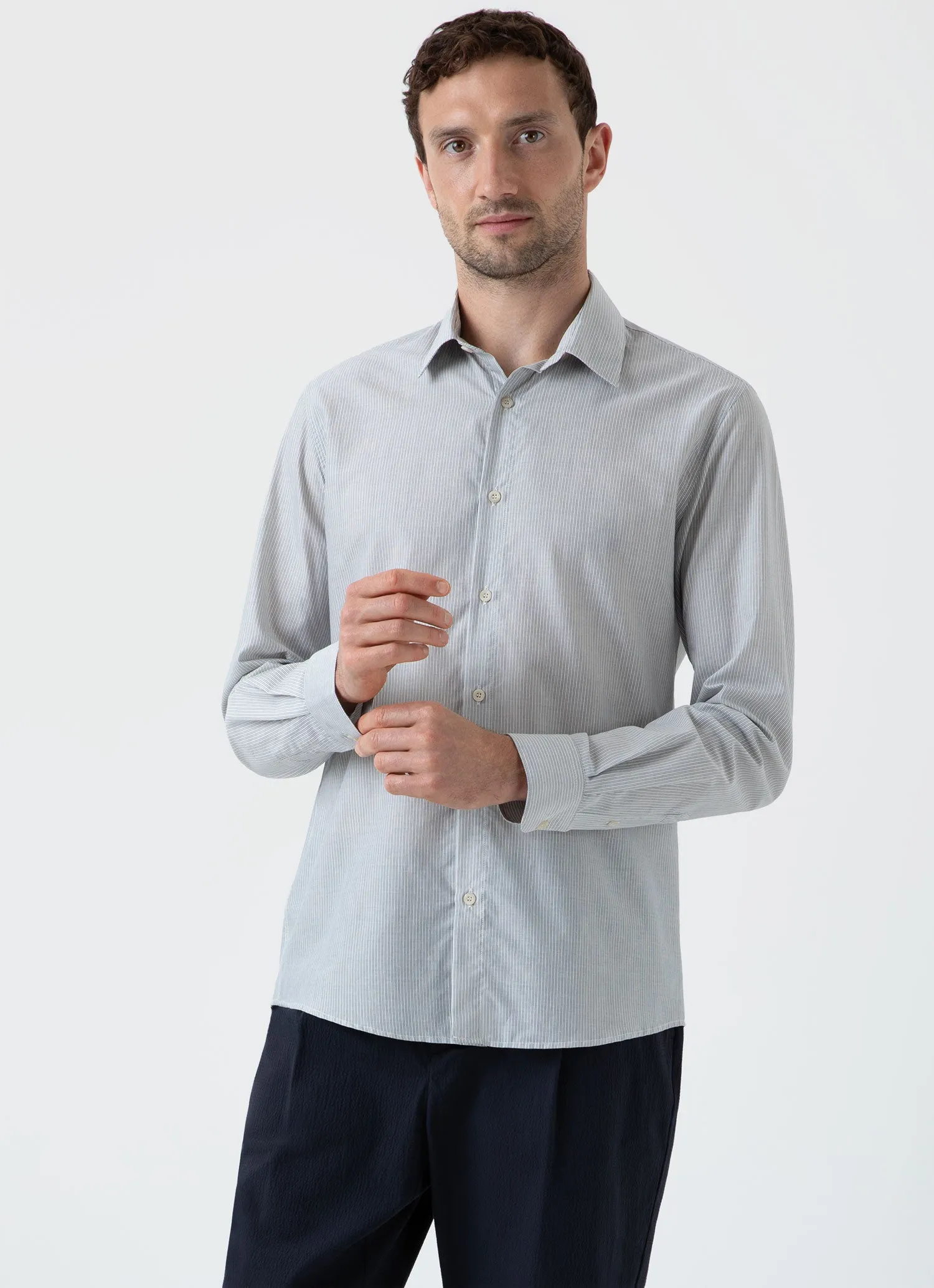 Men's Cotton Cashmere Shirt in Light Blue/White sold by Sunspel product image thumbnail 2