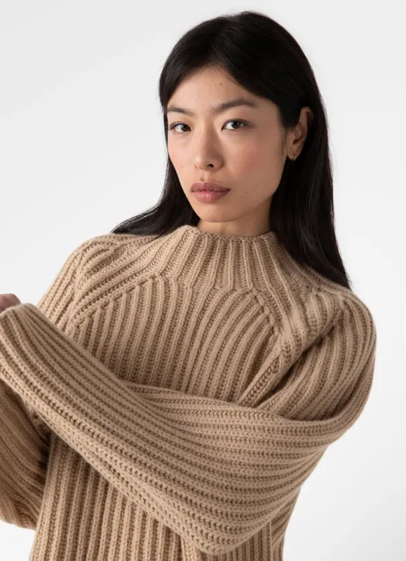 Women's Lambswool Chunky Funnel Neck Jumper in Light Camel sold by Sunspel
