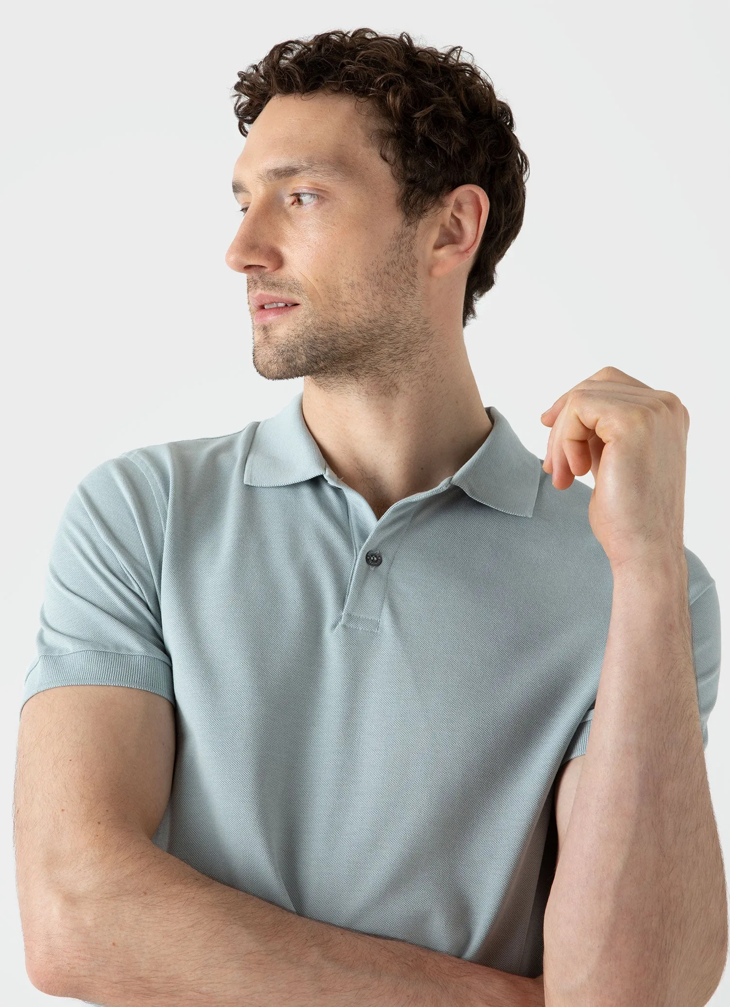 Men's Piqué Polo Shirt in Blue Sage sold by Sunspel product image thumbnail 5