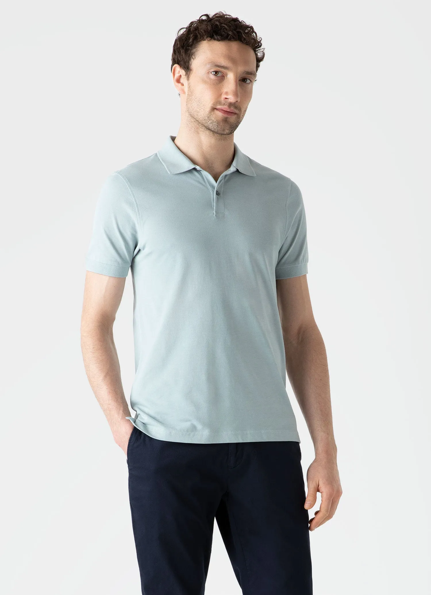 Men's Piqué Polo Shirt in Blue Sage sold by Sunspel product image thumbnail 2